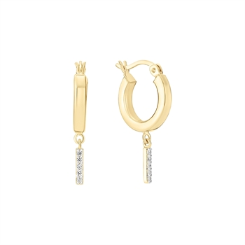 Gold hoop earrings with latch closure, dangling bar with sparkling stones. Elegant and refined design.